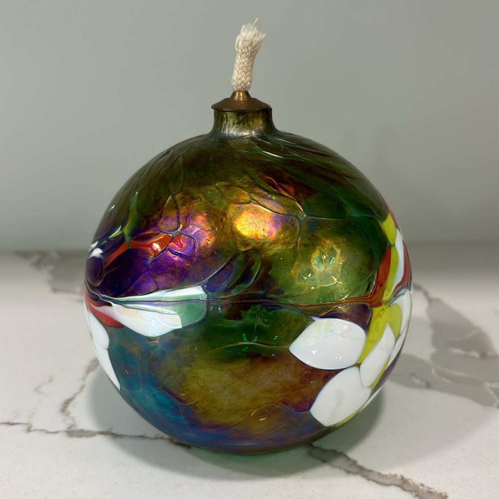 Handblown Iridescent Mosaic Art Glass Oil Lamp With Brass Top - Picture 4 of 14